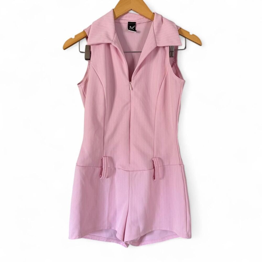 Vintage Y2K Baby Pink Pinstripe Mini Romper with Collar Women's Size Medium PS